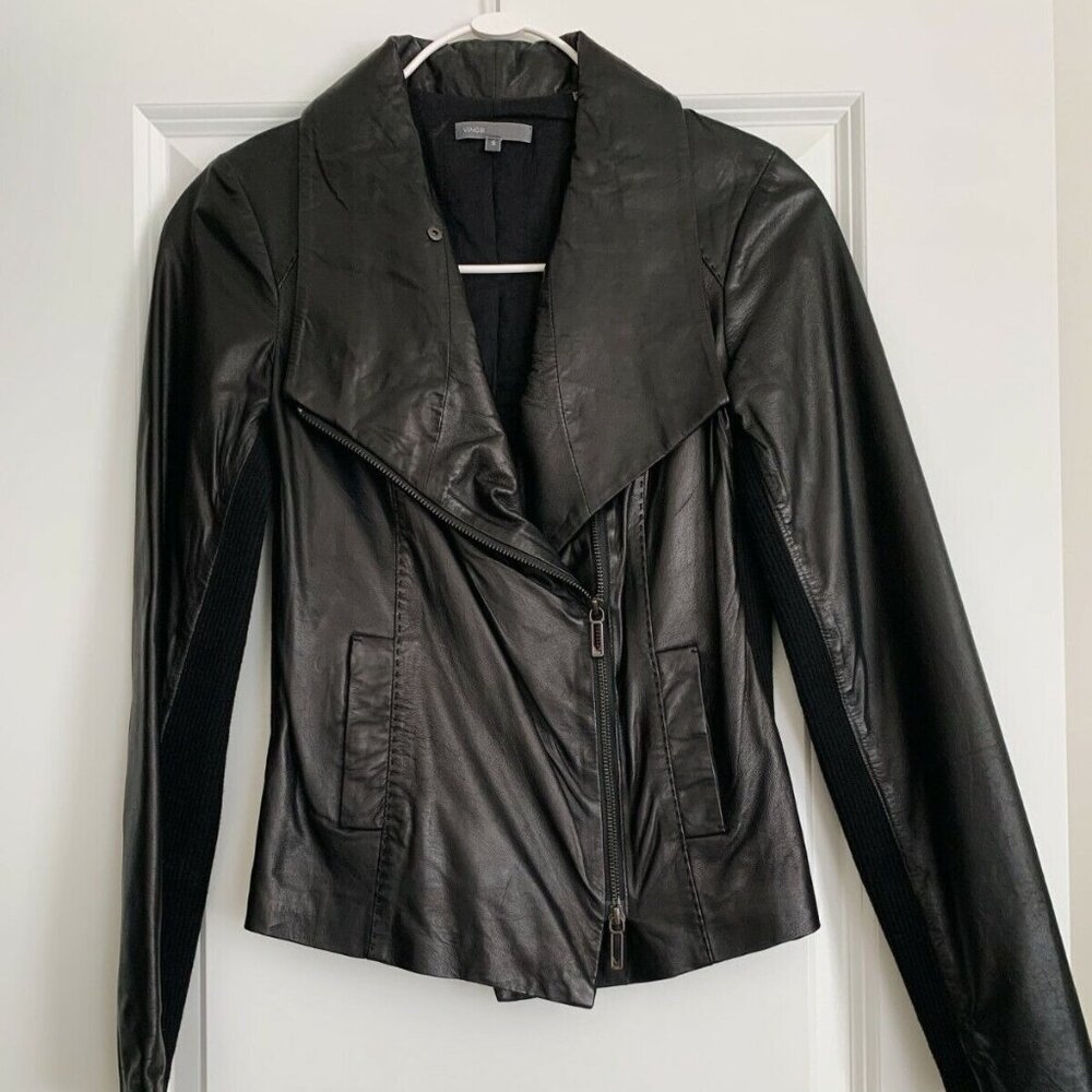 VINCE Women's Black Leather Knit Moto Jacket - Size S